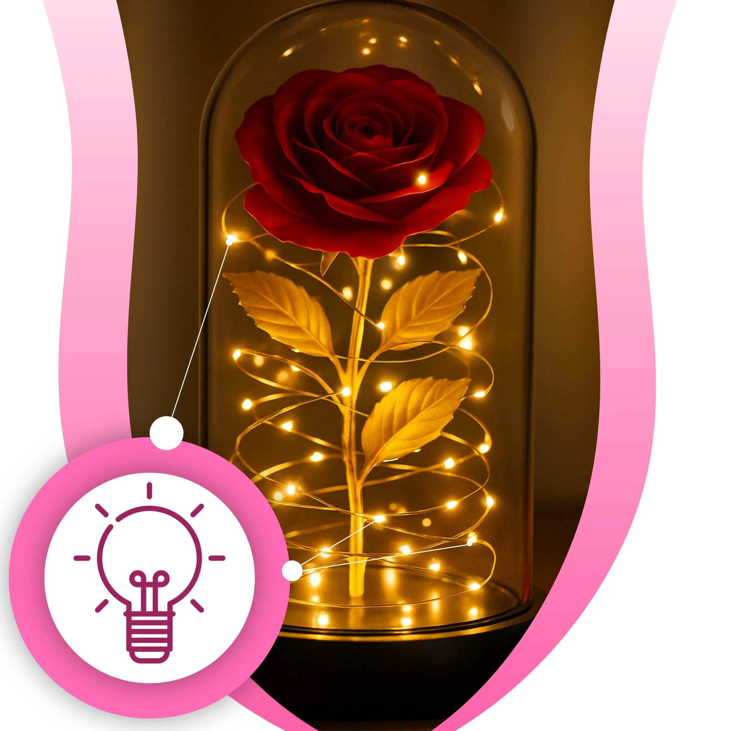 Wieczna czerwona róża w szklanej kopule LED 🌹