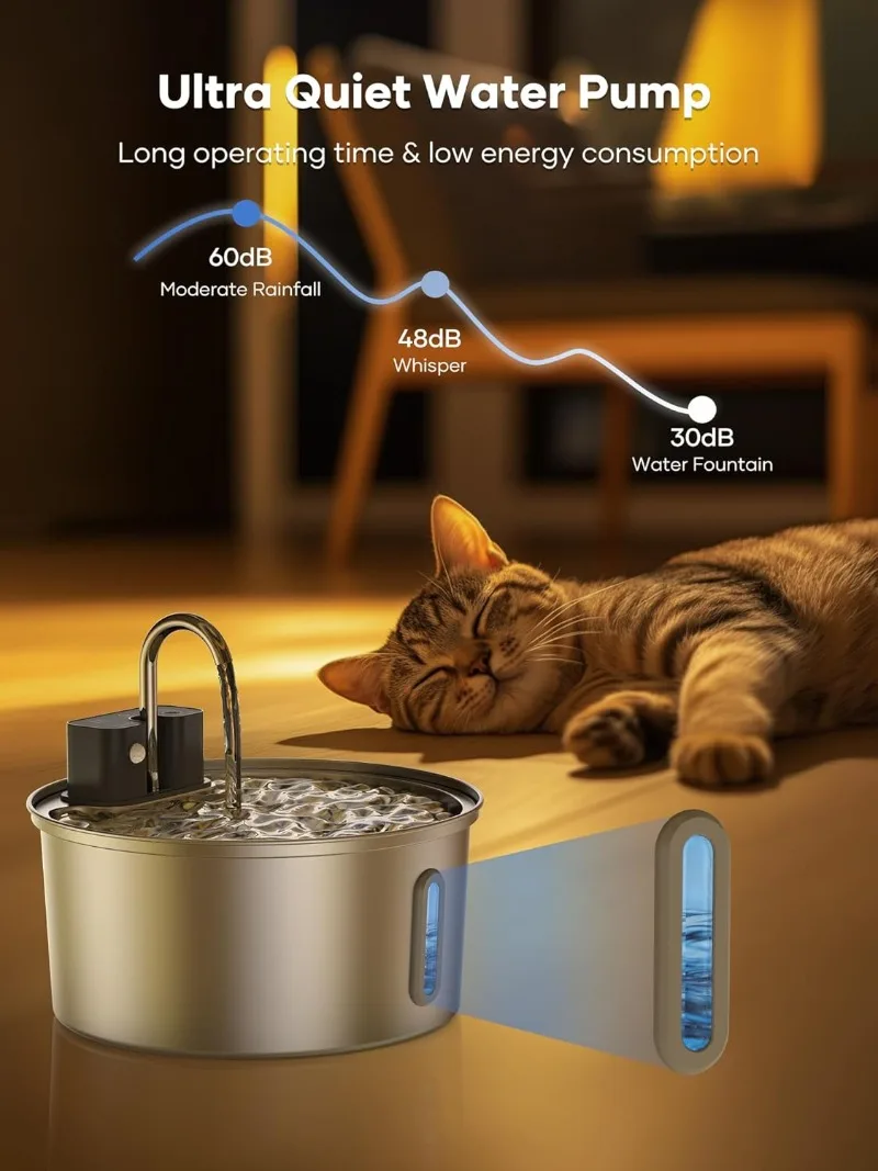 3.2L Wireless Stainless Steel Cat Water Fountain With 4000mAh Battery &amp; Sensor Automatic Filtration Pet Water Drinker Dispenser