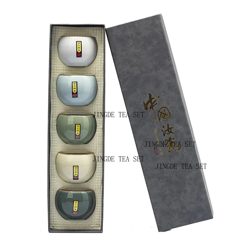 1 Set of 5 Ru Kiln Ceramic Tea Cups Home Master Cups Tea Bowls Kung Fu Tea Sets Gift Box Set