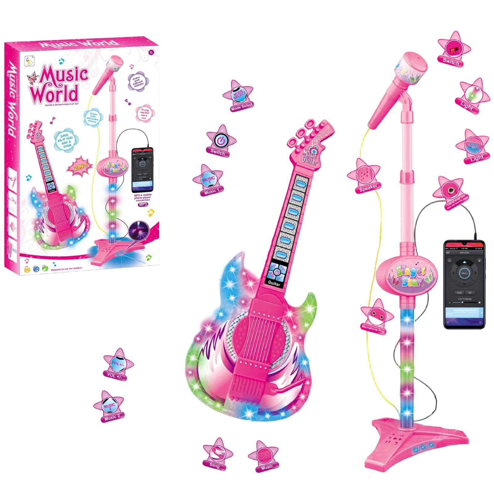 Dziecięcy elektryczny zestaw: gitara, regulowany mikrofon LED 🎸