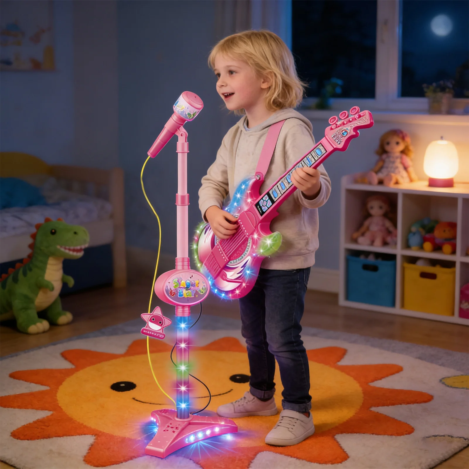 Dziecięcy elektryczny zestaw: gitara, regulowany mikrofon LED 🎸