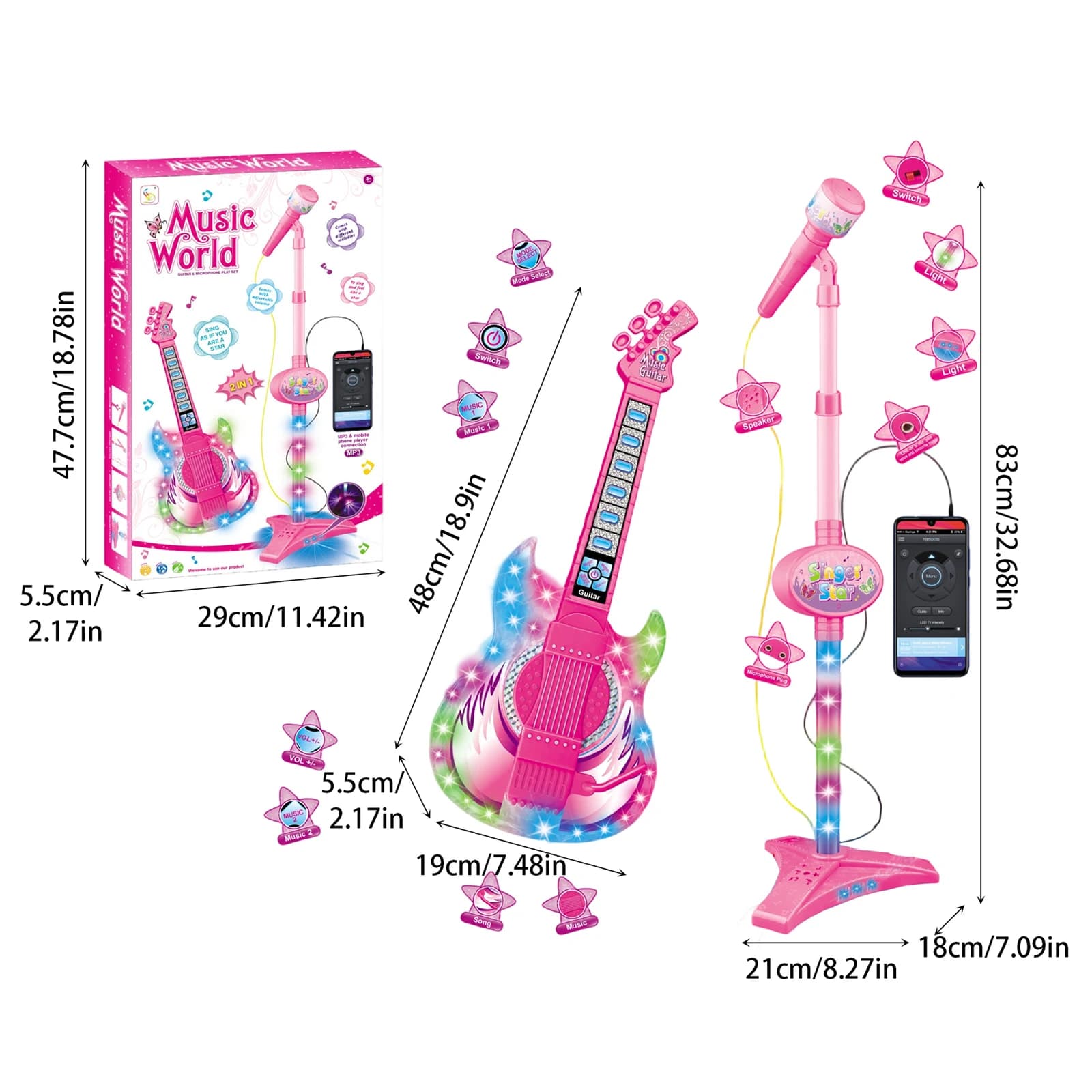 Dziecięcy elektryczny zestaw: gitara, regulowany mikrofon LED 🎸